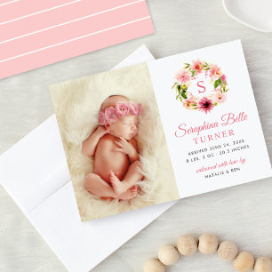 Faire-part Couronne de monogramme floral rose pour photo de n
