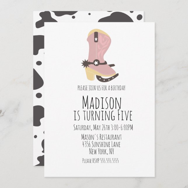 Faire-part Cowgirl Cow Anniversaire Fête N'Importe Quel Âge I (Devant / Derrière)