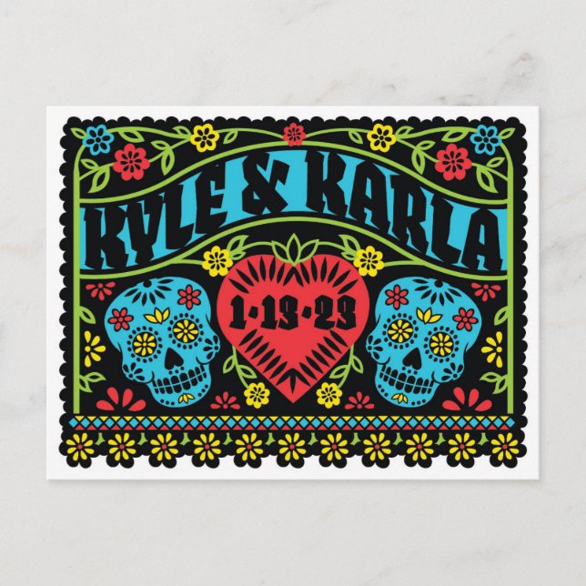 Faire-part Crânes à sucre Enregistrer la date carte postale (Devant)