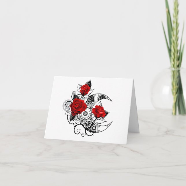 Faire-part Croissant mécanique avec roses rouges (Devant)