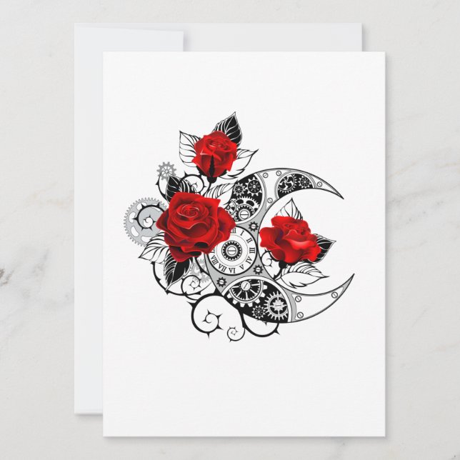 Faire-part Croissant mécanique avec roses rouges (Devant)