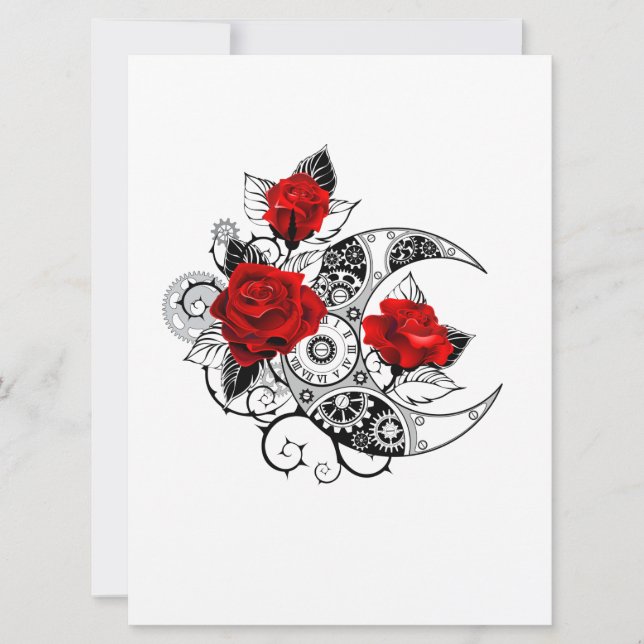 Faire-part Croissant mécanique avec roses rouges (Devant)