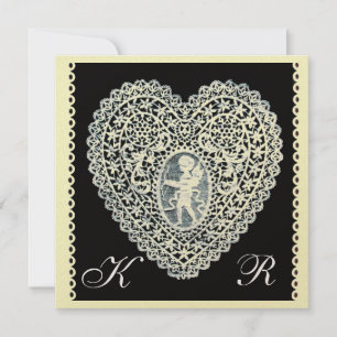 Faire-part CUPID LACE COEUR MONOGRAM champagne papier métalli