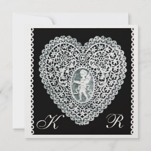 Faire-part CUPID LACE COEUR MONOGRAMME papier métallisé glacé