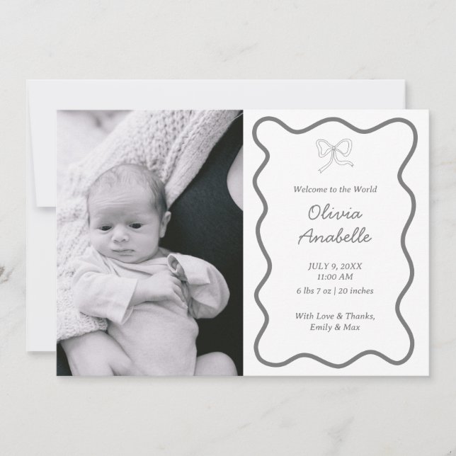 Faire-part Custom Dark Grey Bow Wavy Boho Collage bébé naissa (Devant)