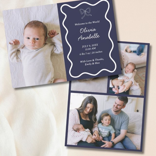 Faire-part Custom Navy Blue Bow Wavy Boho Collage bébé naissa (Custom Terracotta Bow Wavy Boho Collage Baby Birth Announcement
)