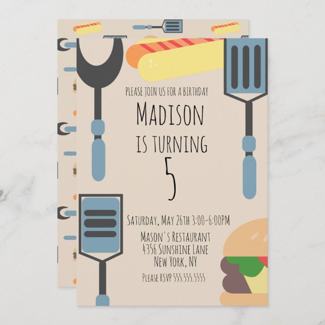 Faire-part Cute Cockout Anniversaire Fête Hamburger Hotdog (Devant / Derrière)