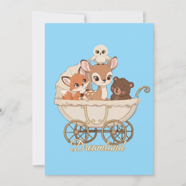 Faire-part Cute Dreamland Bois Animaux | Renard de bébé, cerf (Devant)