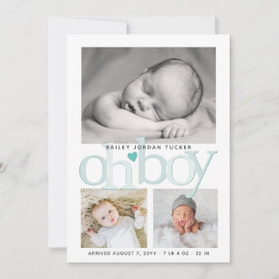 Faire-part Cute Oh Boy Turquoise Bleu Coeur Collage Photo Nai