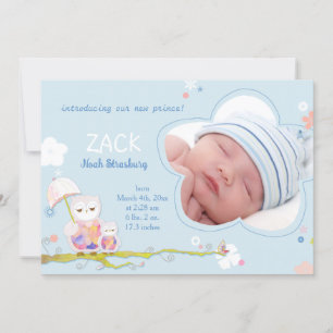 Faire-part Cute Owls Blue Baby Boy Photo Naissance