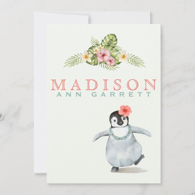 Faire-part Cute pingouin tropical rose bébé fille photo naiss (Devant)