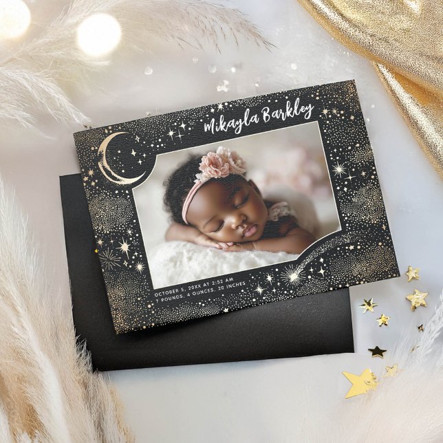 Faire-part Cute Stars Lune Celestin Nouveau-né Photo Naissanc (Moon and Stars Magical Birth Announcement Photo Card)