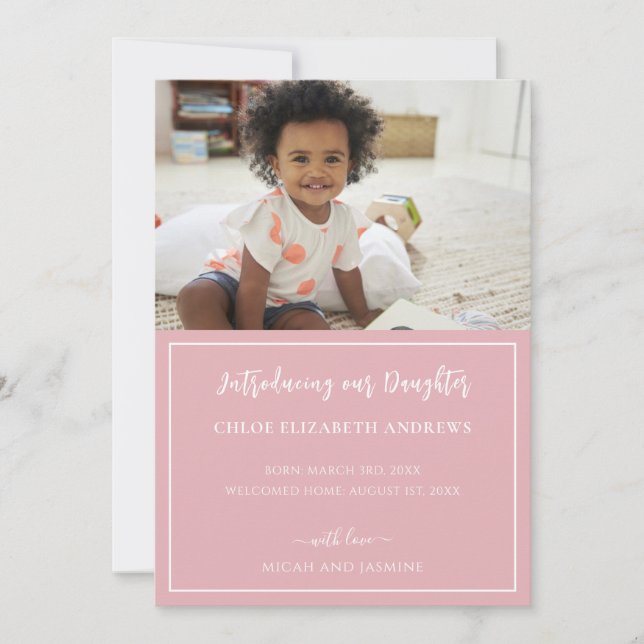 Faire-part d'adoption en bande rose et blanche (Devant)