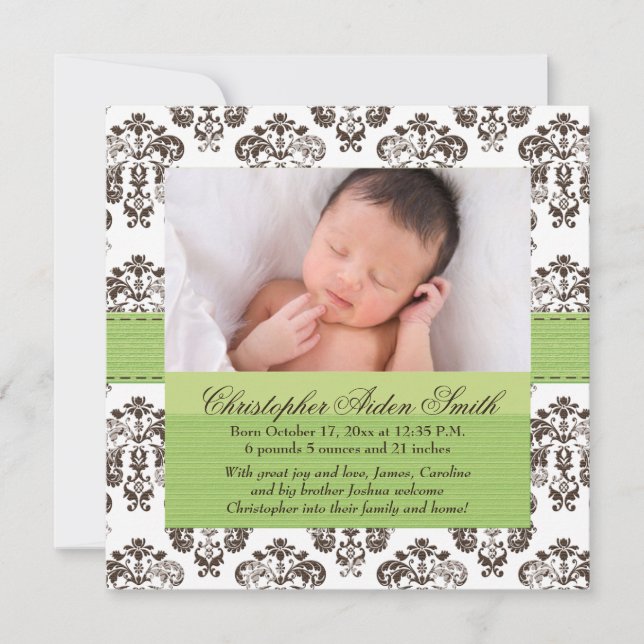 Faire-part Damask Baby Birth Photo Annouement Vert Brown (Devant)
