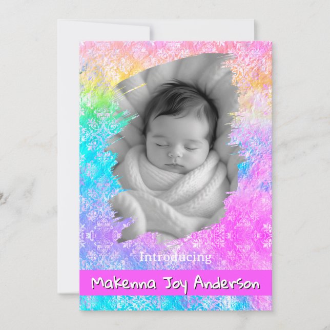 Faire-part [Damassé Arc-en-Ciel] Douces Pastels Naissance Béb (Devant)