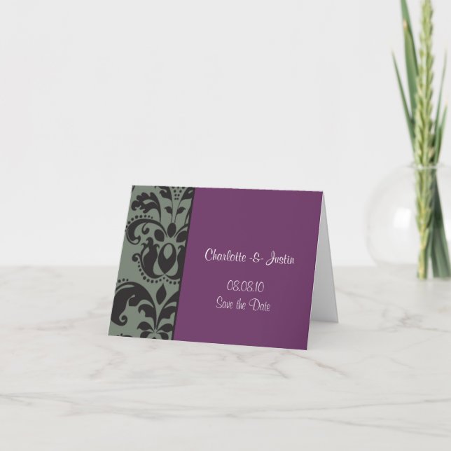 Faire-part damasser violet ; enregistrer la date (Devant)