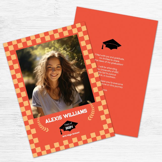 Faire-part Damier Orange Photo Personnalisée  (Créateur téléchargé)