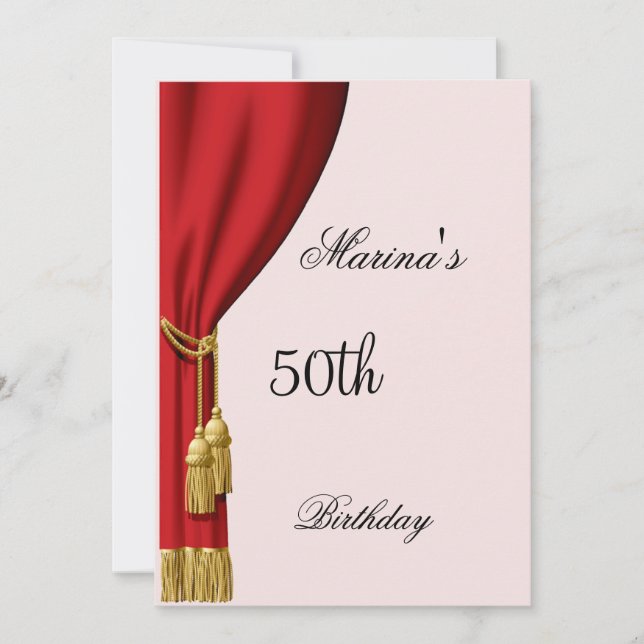 Faire-part d'anniversaire avec rideau rouge et sau (Devant)