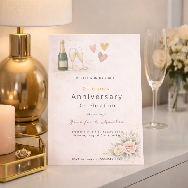 Faire-part d'anniversaire de mariage à coeurs en o (Blush and gold heart design with champagne detail for a romantic anniversary evening)