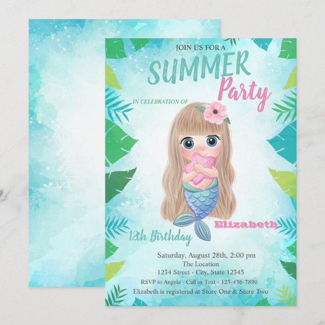 Faire-part d'anniversaire de sirène bébé avec feui (Devant / Derrière)