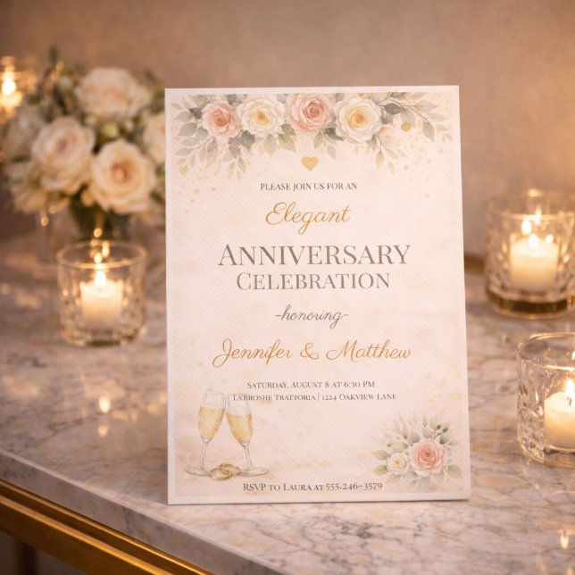 Faire-part d'anniversaire floral en or rose (Blush and gold floral anniversary dinner invitation with soft roses and champagne detail)