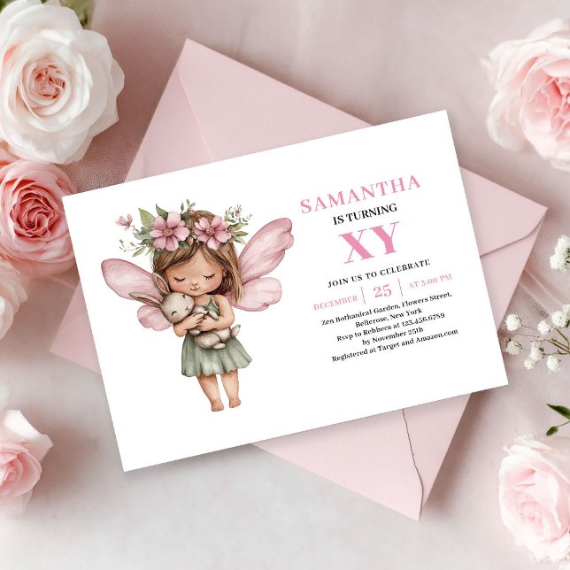 Faire-part d'anniversaire Rose Pâle Fille Fée Capr (Whimsy Fairy Girl Birthday Blush Pink invitation)