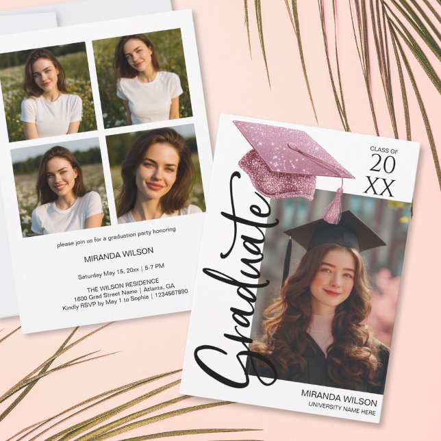 Faire-part d'annonce de fête de remise des diplôme (Unique Rose Gold Glitter Grad Hat Photo Graduation Party Invite Announcement)