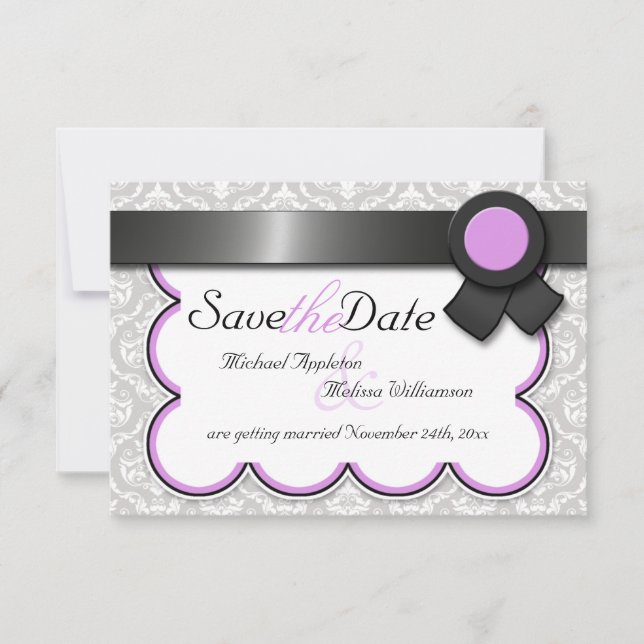 Faire-part d'annonce de mariage à damas violet et  (Devant)