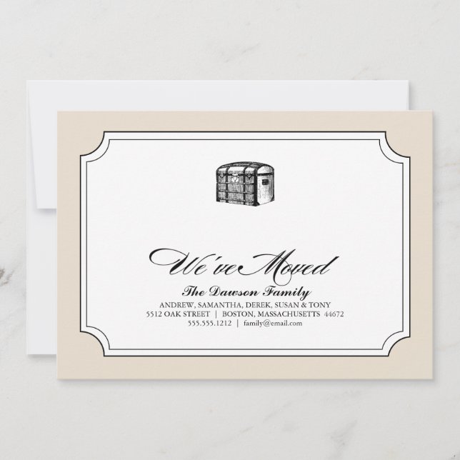 Faire-part dans le coffre {nous avons déplacé} (Devant)