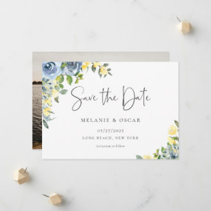 Faire-part Date à retenir photo florale jaune et bleu poussié