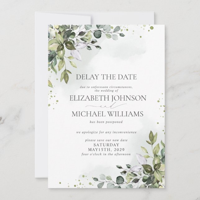 Faire-part Date de mariage reportée aquarelle eucalyptus (Devant)