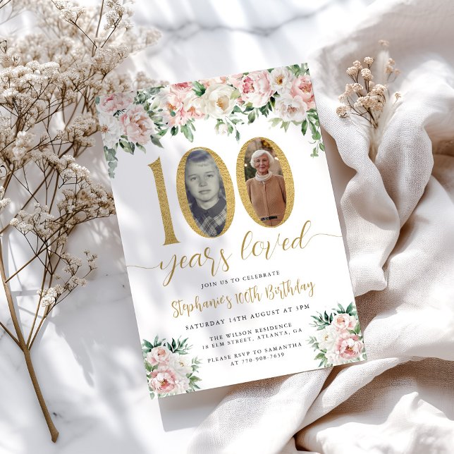 Faire-part de 100e anniversaire Fleurs rose poudré (Créateur téléchargé)