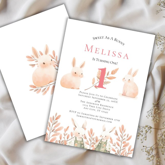 Faire-part de 1er anniversaire de lapines adorable (Girls 1st Birthday Bunny Invitation)