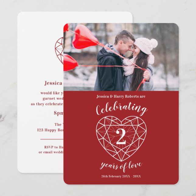 Faire-part de 2 ans de mariage avec coeur de grena (Devant / Derrière)