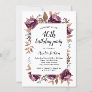 Faire-part de 40e anniversaire Bloom Purple Waterc