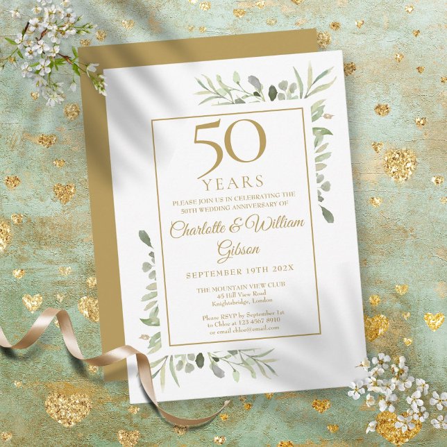 Faire-part de 50 ans de mariage aquarelle Feuillag (50th Gold Anniversary Watercolour Greenery Leaves Invitation)