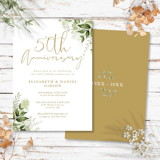 Faire-part de 50 ans de mariage avec feuillage dor (50th Wedding Anniversary Greenery Gold Script Invitation)