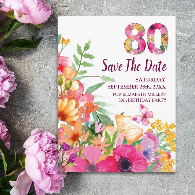 Faire-part de 80e anniversaire Floral Save The Dat (Créateur téléchargé)