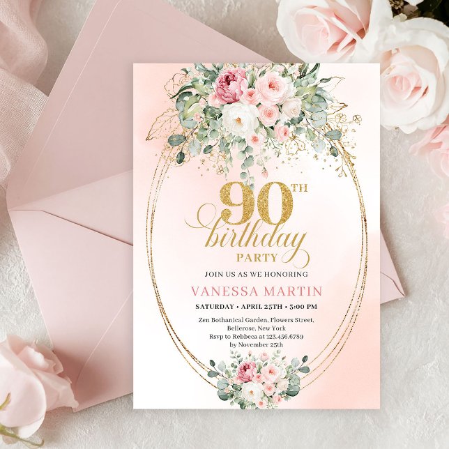 Faire-part de 90e anniversaire de mariage Bohème R (Elegant Blush Roses Gold Boho 90th Birthday Invitation)