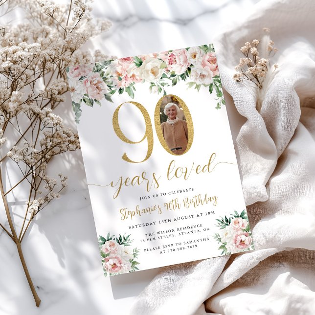 Faire-part de 90e anniversaire Fleurs Rose Pâle av (Créateur téléchargé)