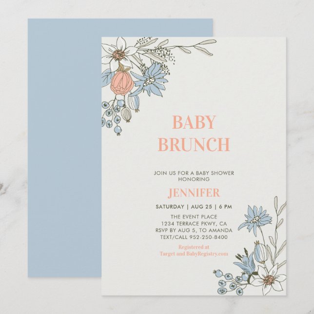 Faire-part de Baby Brunch Bohème Bleu & Corail Flo (Devant / Derrière)
