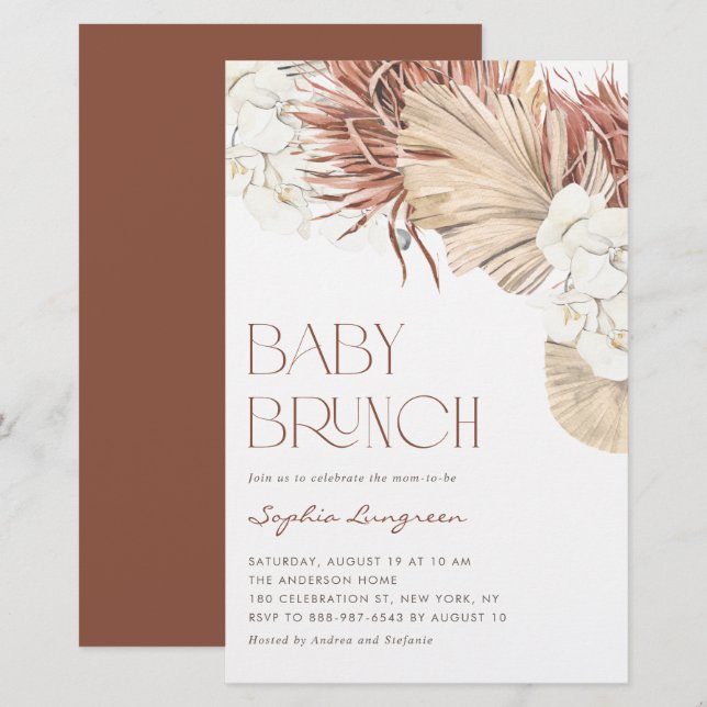 Faire-part de Baby Brunch Boho Palmier Séché et Or (Devant / Derrière)
