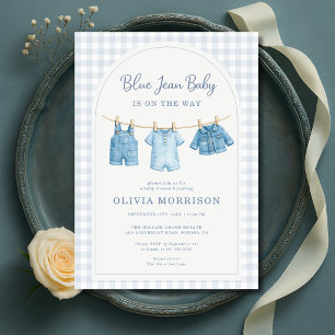 Faire-part de Baby Shower à carreaux Bleu Jean pou