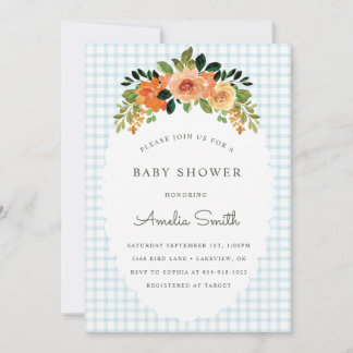 Faire-part de baby shower à carreaux floraux bleu