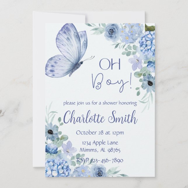 Faire-part de Baby Shower à l'aquarelle bleue (Devant)