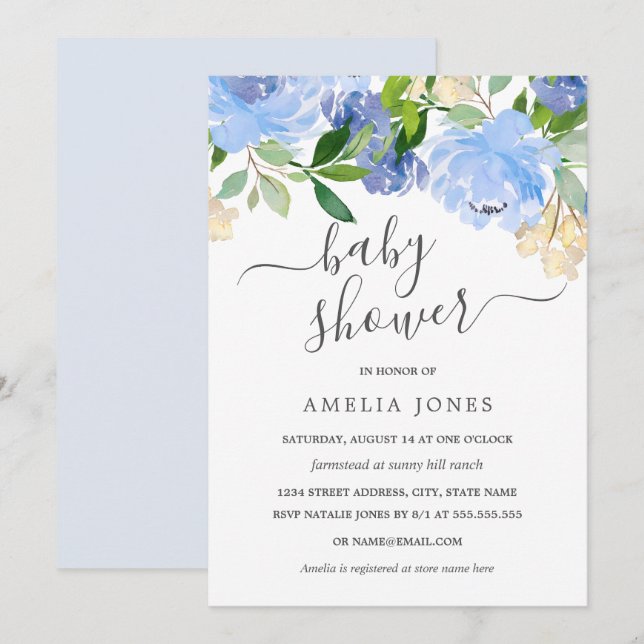 Faire-part de Baby Shower à l'aquarelle bleue nava (Devant / Derrière)