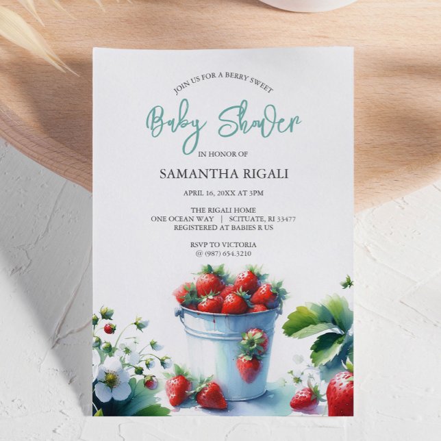 Faire-part de Baby Shower à l'aquarelle de fraise  (Strawberry baby shower invitations features a retro watercolor tin pint of strawberries DoTellABelle)