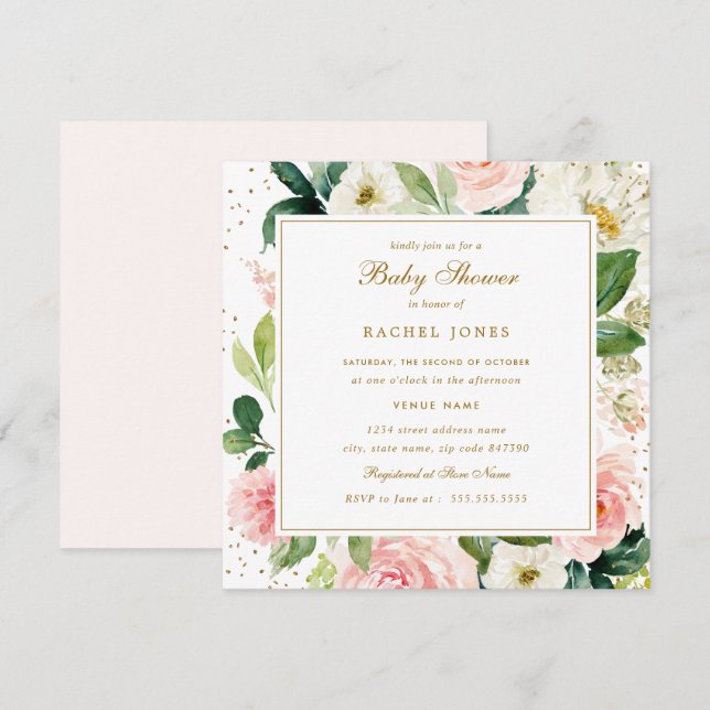 Faire-part de Baby Shower à l'aquarelle florale en (Devant / Derrière)