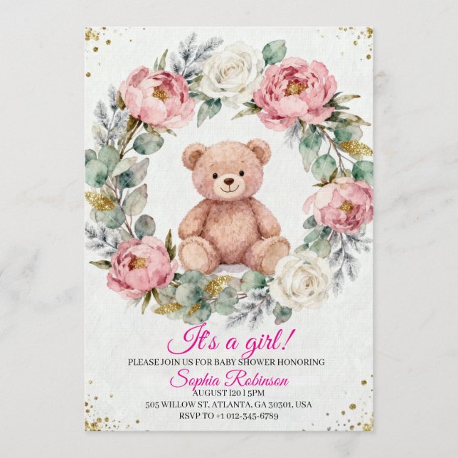 Faire-part de Baby Shower à l'aquarelle Ourson (Devant)