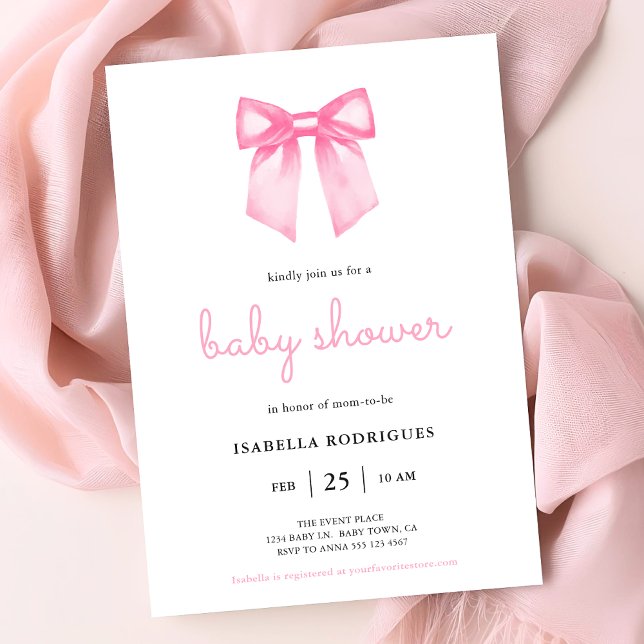 Faire-part de Baby Shower à l'aquarelle rose éléga (Invite shown in 5 x 7 inches, choose size, paper and corner style. Buy print or digital invitations.)